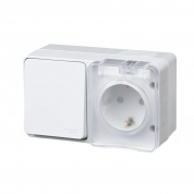 ATLASDESIGN PROFI IP54 О/У БЛОК: РОЗЕТКА с заземл. со шт., 16А, ВЫКЛЮЧАТЕЛЬ 1-клав., 10АХ, БЕЛЫЙ