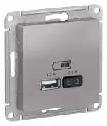 ATLASDESIGN USB РОЗЕТКА А+С, 5В/2,4А, 2х5В/1,2А, механизм, АЛЮМИНИЙ
