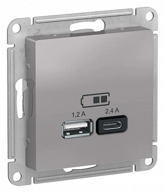 ATLASDESIGN USB РОЗЕТКА А+С, 5В/2,4А, 2х5В/1,2А, механизм, АЛЮМИНИЙ