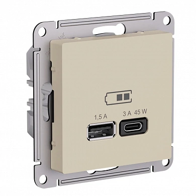 ATLASDESIGN USB РОЗЕТКА A + тип-C 45Вт высокоскор.заряд. QC, PD, механизм, ПЕСОЧНЫЙ