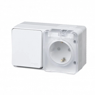 ATLASDESIGN PROFI IP54 О/У БЛОК: РОЗЕТКА с заземл. со шт., 16А, ВЫКЛЮЧАТЕЛЬ 1-клав., 10АХ, БЕЛЫЙ