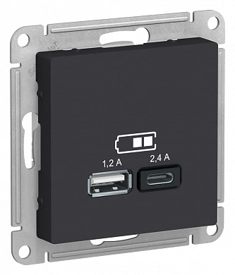 ATLASDESIGN USB РОЗЕТКА А+С, 5В/2,4А, 2х5В/1,2А, механизм, КАРБОН