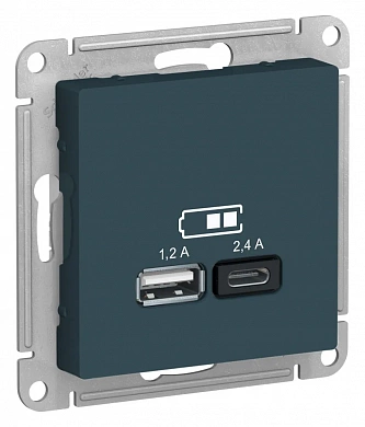 ATLASDESIGN USB РОЗЕТКА А+С, 5В/2,4А, 2х5В/1,2А, механизм, ИЗУМРУД