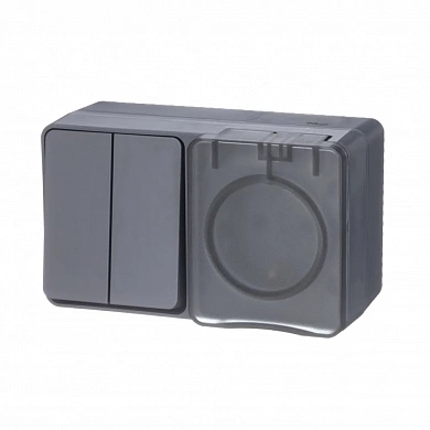 ATLASDESIGN PROFI IP54 О/У БЛОК: РОЗЕТКА с заземл. со шт., 16А, ВЫКЛЮЧАТЕЛЬ 2-клав., 10АХ, АНТРАЦИТ